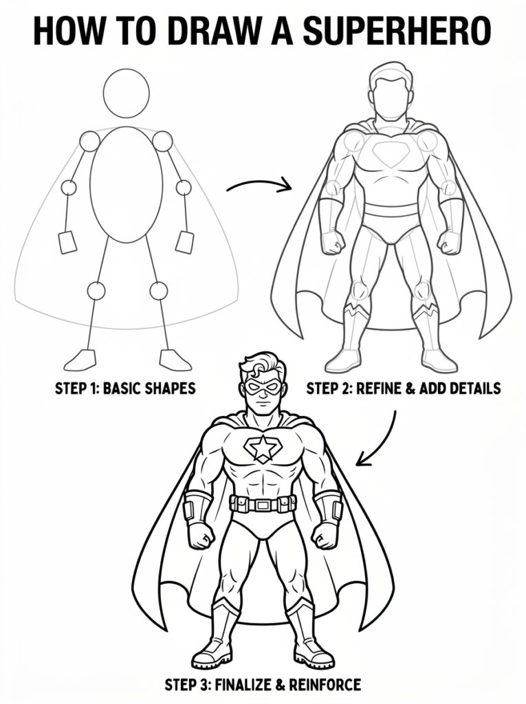 How to draw a superhero: 3-step tutorial from basic shapes to a detailed inked muscular hero with cape