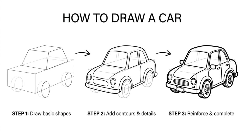 How to draw a car: 3-step tutorial showing progression from basic shapes to detailed cartoon car.