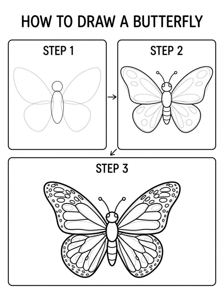 How to draw a butterfly: three-step diagram showing basic shapes, outlined butterfly, and detailed final drawing.