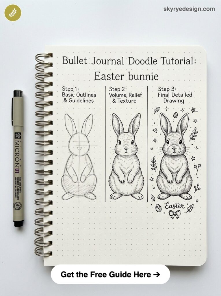 Bullet journal tutorial showing three-step Easter bunny drawing progression on a dotted spiral notebook with pen
