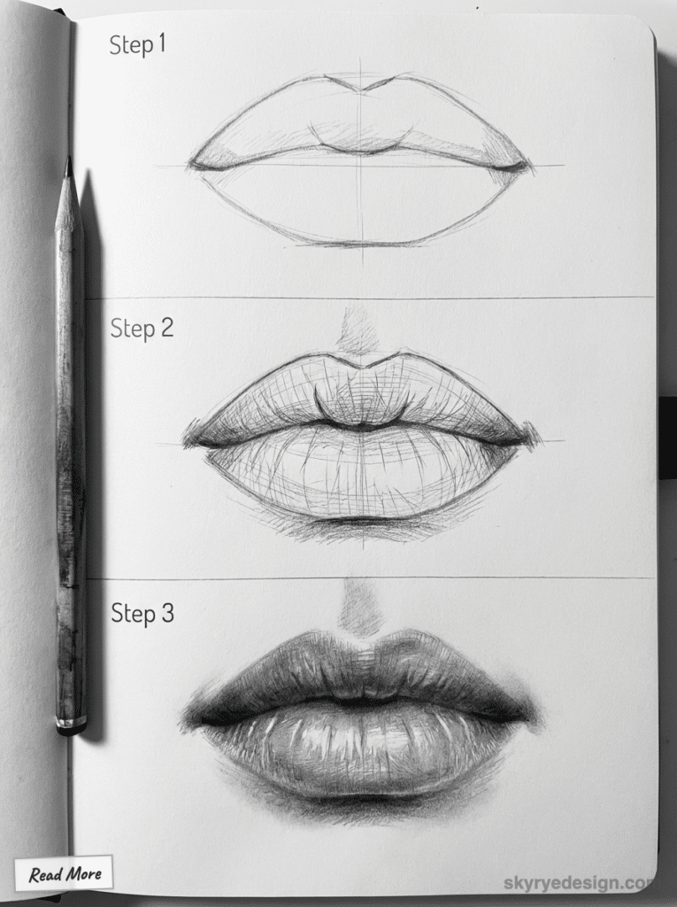 sketch-tutorial - 2026-01-19T164515765 Step-by-step pencil drawing guide for realistic lips, showcasing progression from outline to detailed shading with a pencil | Sky Rye Design Step-by-step pencil drawing guide for realistic lips, showcasing progression from outline to detailed shading with a pencil