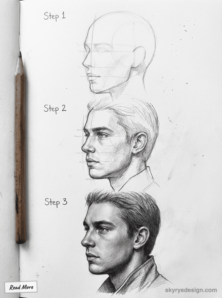 sketch-tutorial - 2026-01-19T164701411 Step-by-step pencil drawing tutorial of a male head, showing artistic progress from sketch to finished portrait. | Sky Rye Design Step-by-step pencil drawing tutorial of a male head, showing artistic progress from sketch to finished portrait.