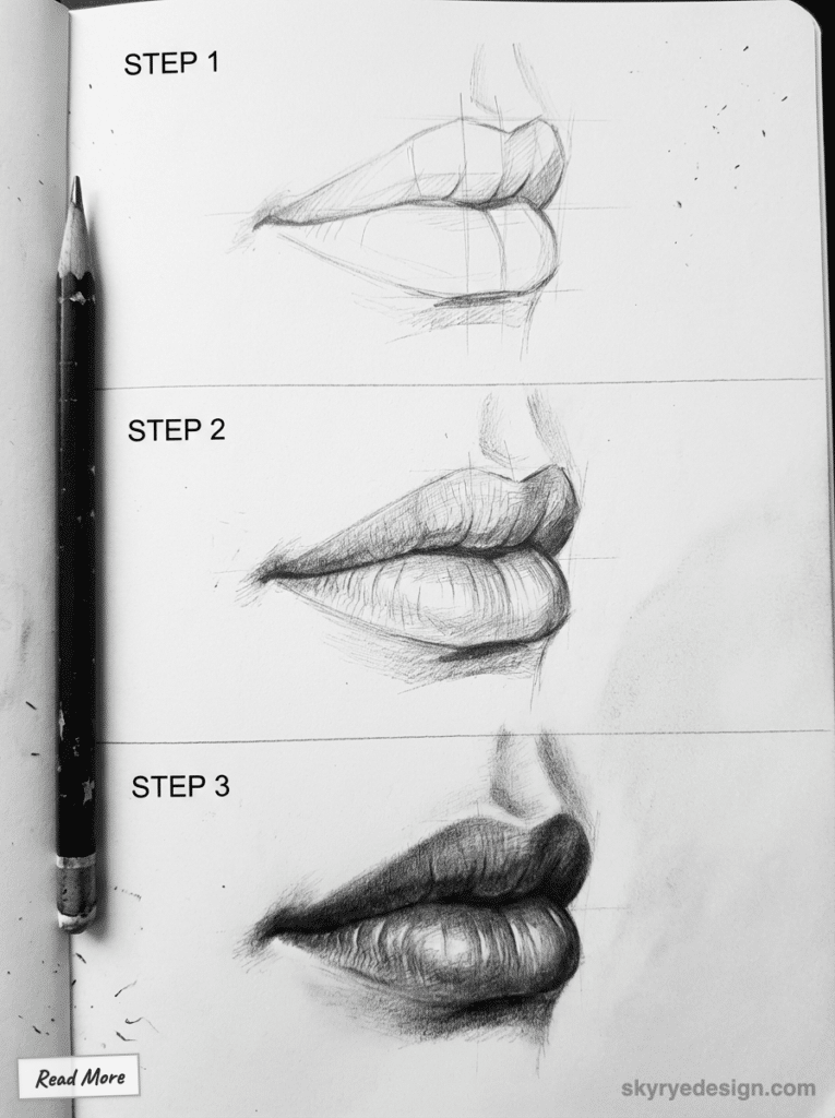 sketch-tutorial - 2026-01-19T164743629 Sketch tutorial showing 3 steps to draw realistic lips, from outline to shading, with pencil and paper. | Sky Rye Design Sketch tutorial showing 3 steps to draw realistic lips, from outline to shading, with pencil and paper.