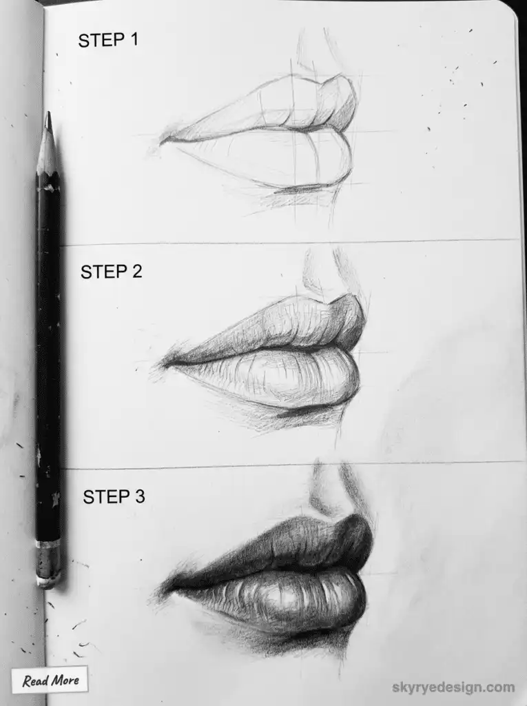 sketch-tutorial - 2026-01-19T164743629 Sketch tutorial showing 3 steps to draw realistic lips, from outline to shading, with pencil and paper. | Sky Rye Design Sketch tutorial showing 3 steps to draw realistic lips, from outline to shading, with pencil and paper.