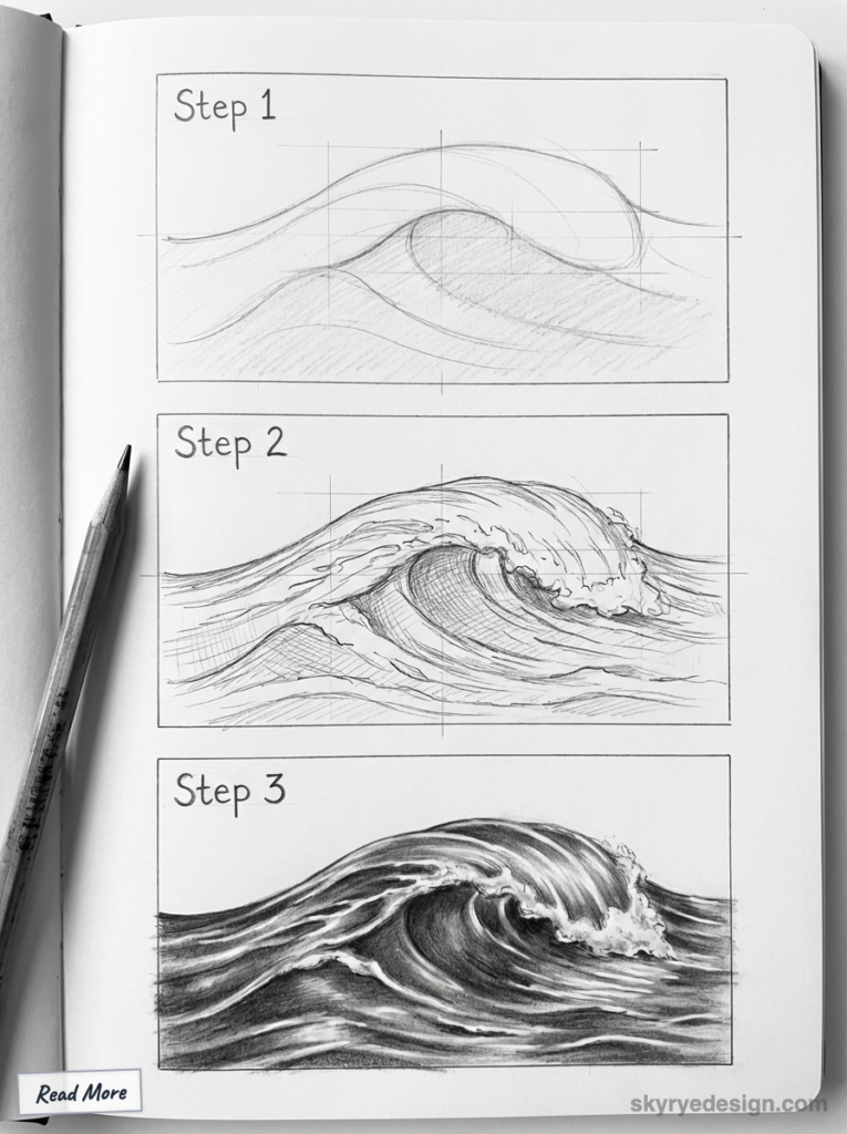 sketch-tutorial - 2026-01-25T152644236 Step-by-step pencil sketch tutorial for drawing a realistic ocean wave, from outline to detailed shading, on a white sketchbook page. | Sky Rye Design Step-by-step pencil sketch tutorial for drawing a realistic ocean wave, from outline to detailed shading, on a white sketchbook page.