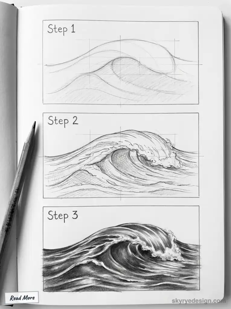 Step-by-step pencil sketch tutorial for drawing a realistic ocean wave, from outline to detailed shading, on a white sketchbook page.