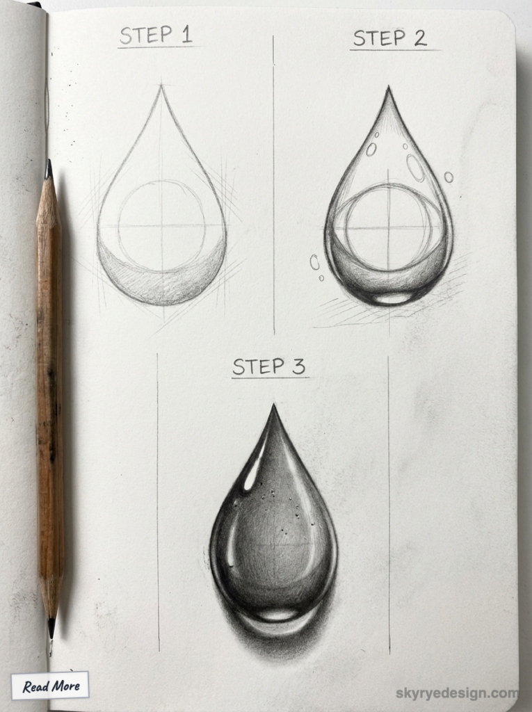 sketch-tutorial - 2026-01-25T152948737 Step-by-step guide to drawing a realistic water drop with pencil shading techniques. Includes progression from outline to detailed shading. | Sky Rye Design Step-by-step guide to drawing a realistic water drop with pencil shading techniques. Includes progression from outline to detailed shading.
