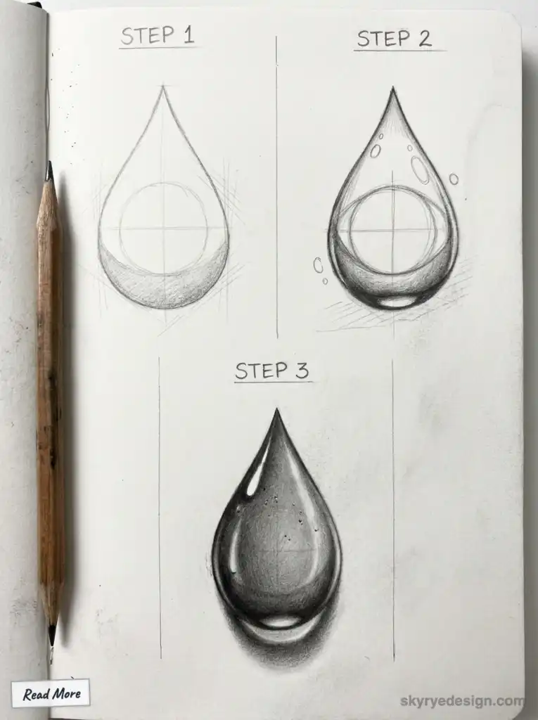 Step-by-step guide to drawing a realistic water drop with pencil shading techniques. Includes progression from outline to detailed shading.