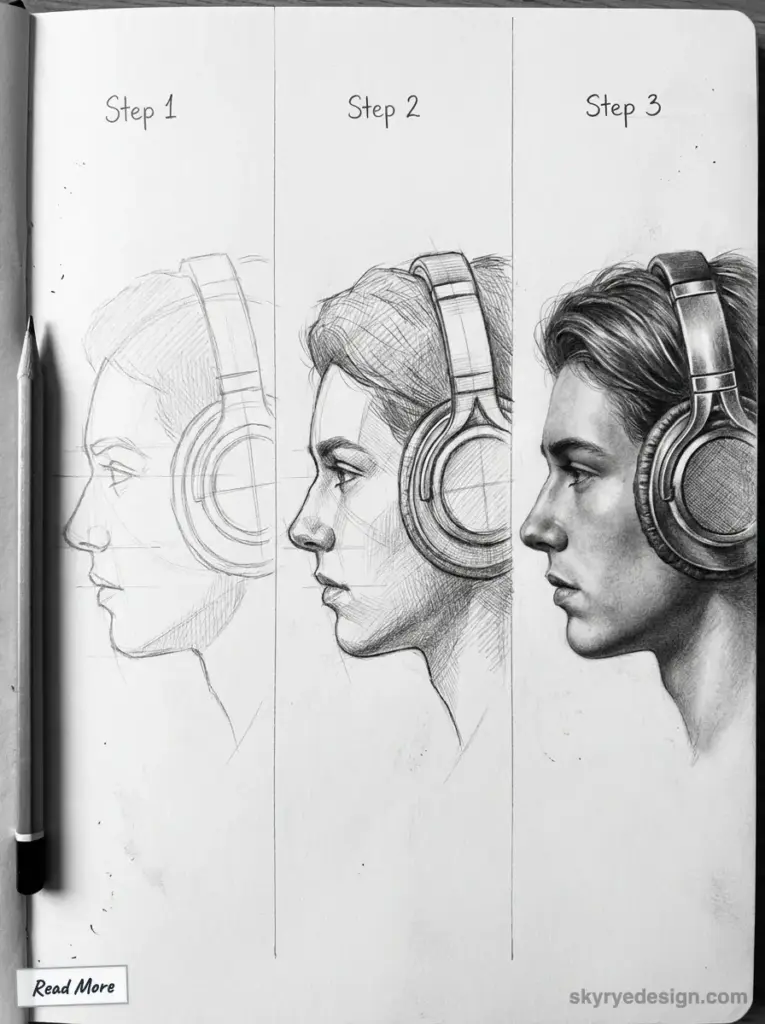 Drawing tutorial showing three steps to sketch a realistic male profile with headphones, transitioning from basic outlines to detailed shading.