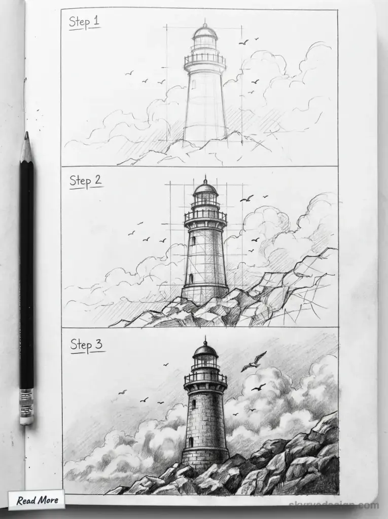 Step-by-step pencil drawing of a lighthouse on rocks with birds and clouds, showcasing artistic progress in three stages.