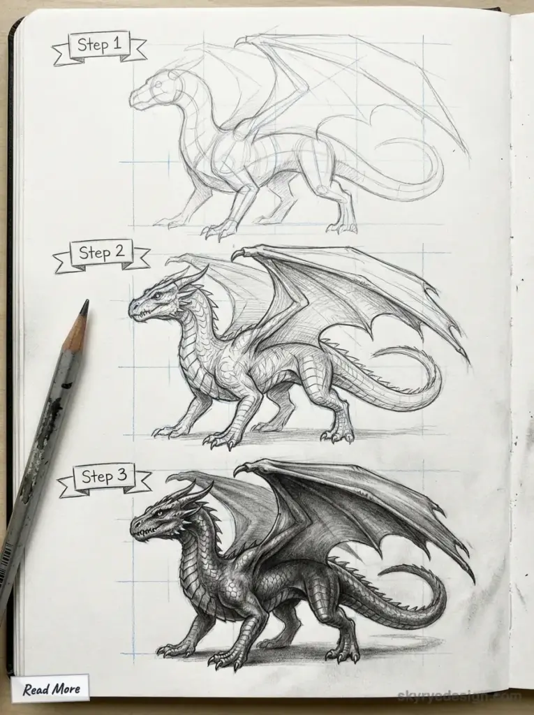 Step-by-step dragon drawing tutorial in a sketchbook, from basic outline to detailed illustration with pencil on paper.