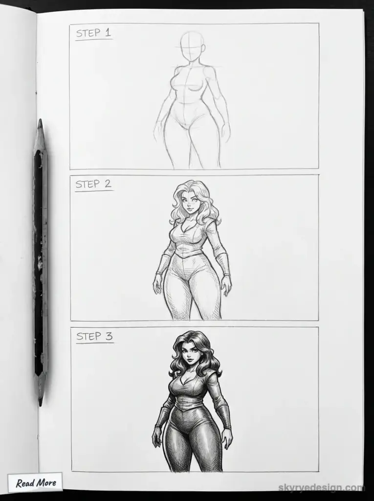 Three-step character drawing guide: sketch to detailed illustration with pencil on sketchbook.