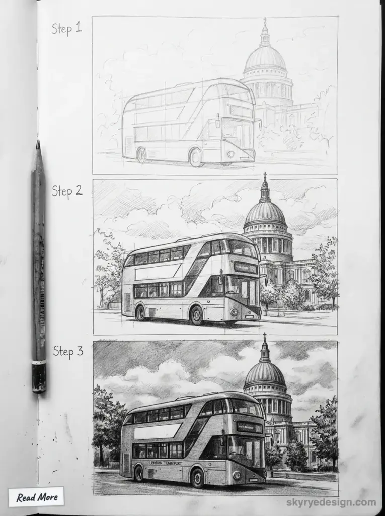 Progression of a London double-decker bus sketch with St. Paul's Cathedral in background, showcasing three detailed drawing steps.