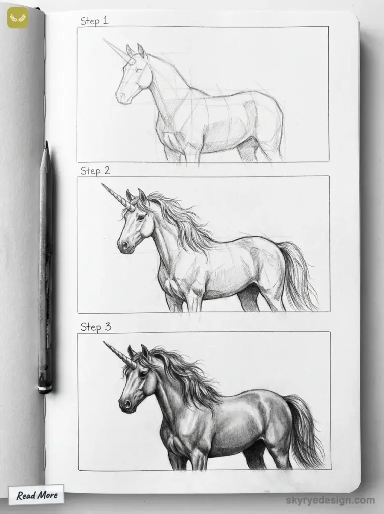 Step-by-step unicorn drawing tutorial: outline, detail, and shading on sketchbook page with pencil.
