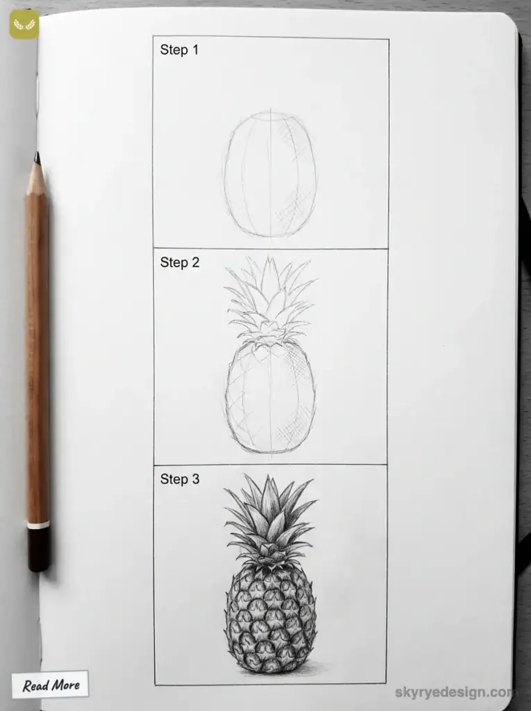 Pencil drawing guide showing three steps to sketch a realistic pineapple. Step 1: Outline, Step 2: Add leaves, Step 3: Detail the texture.