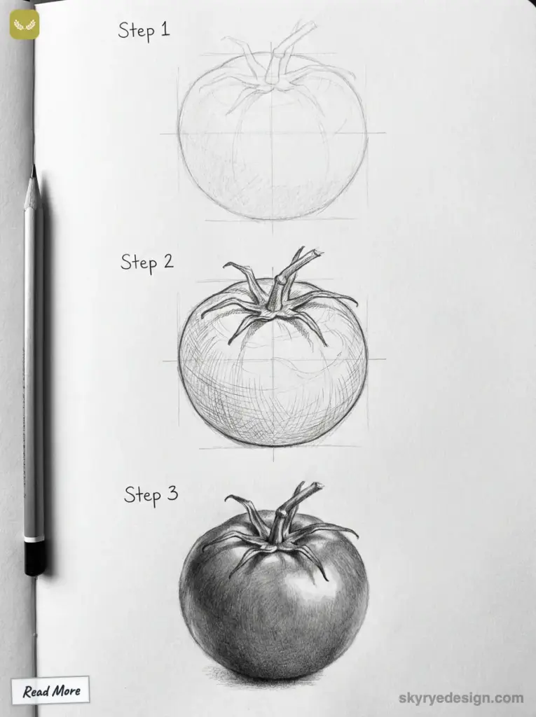 Three-step guide on drawing a realistic tomato with pencil, showcasing progression from basic outline to detailed shading.