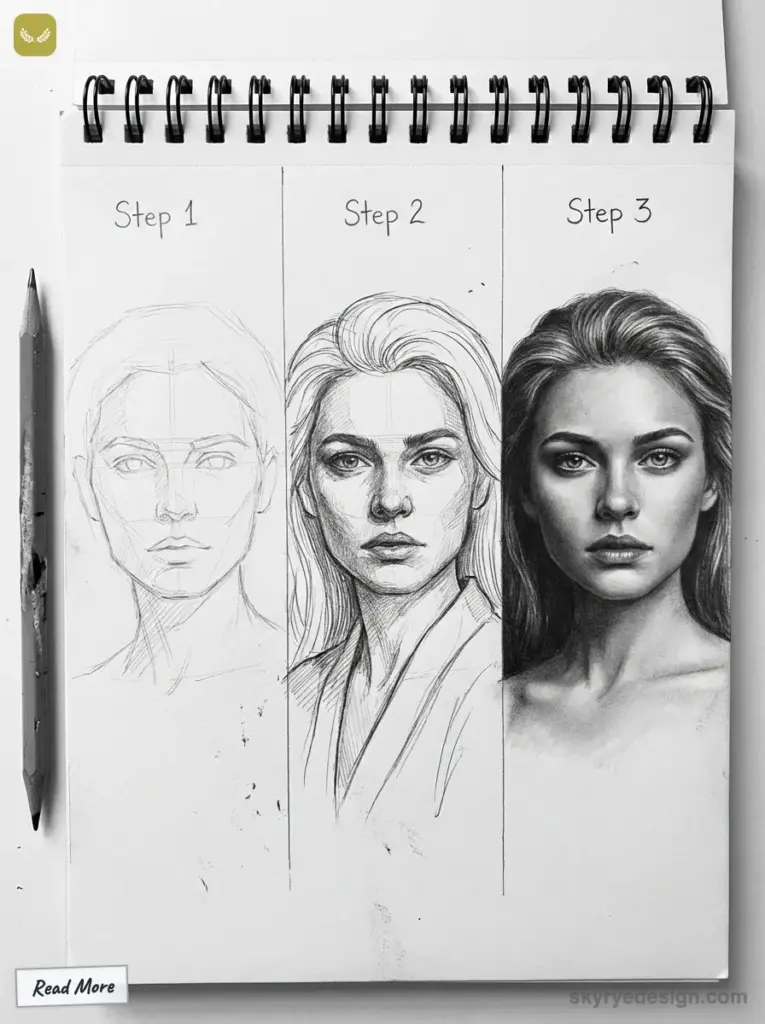 Progression of a female portrait drawing in three stages: sketch, detailed shading, and realistic finish on a sketchpad with pencil.