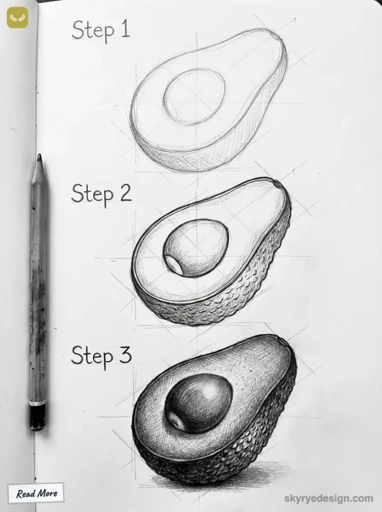 Step-by-step guide to sketching an avocado: outlines, shading, and texture on paper, pencil by side. Black and white drawing tutorial.