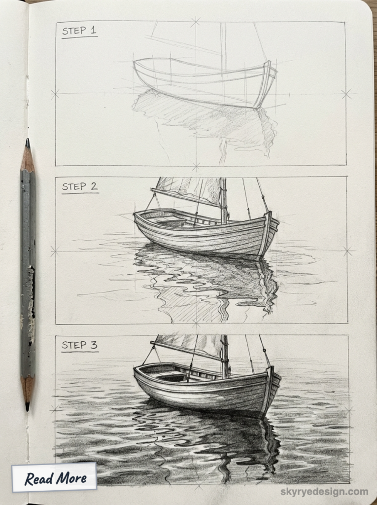 Boat drawing tutorial - step-by-step pencil sketch of a small sailboat and its water reflection across three stages in a sketchbook.