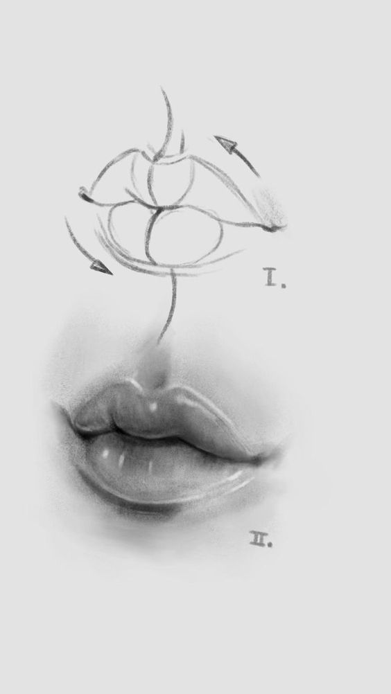 Step-by-step pencil sketch tutorial of realistic lips, showing preliminary outlines and finished drawing.