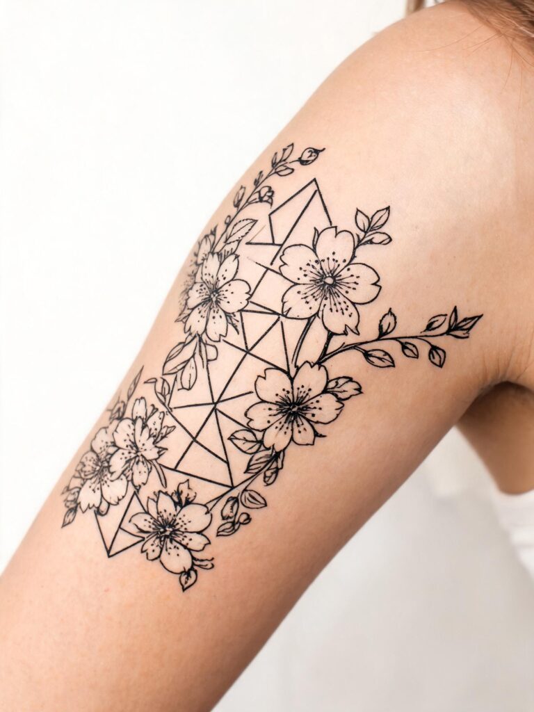 Black ink geometric tattoo with cherry blossom florals on upper arm, delicate linework body art