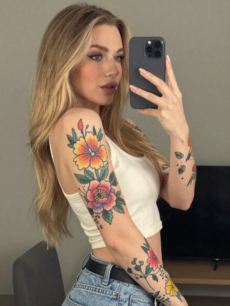Blonde woman mirror selfie wearing white crop top and jeans, showcasing colorful floral sleeve tattoos and wrist ink