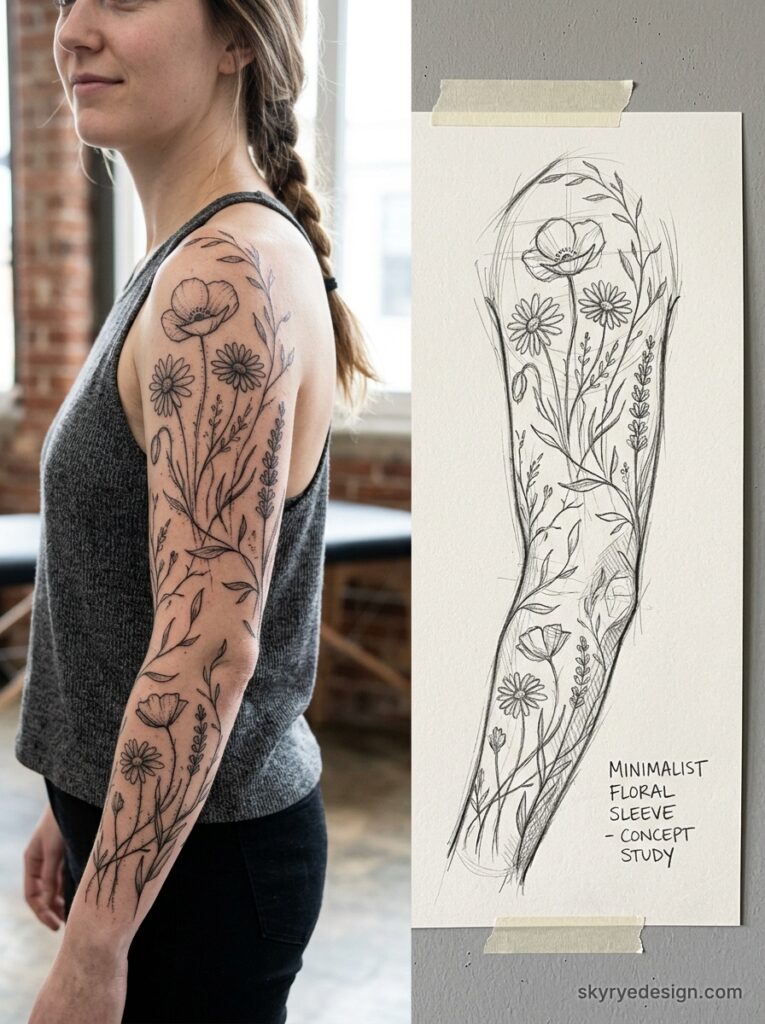 Minimalist floral sleeve tattoo on woman's arm next to artist's pencil concept sketch — delicate poppies, daisies, leaves