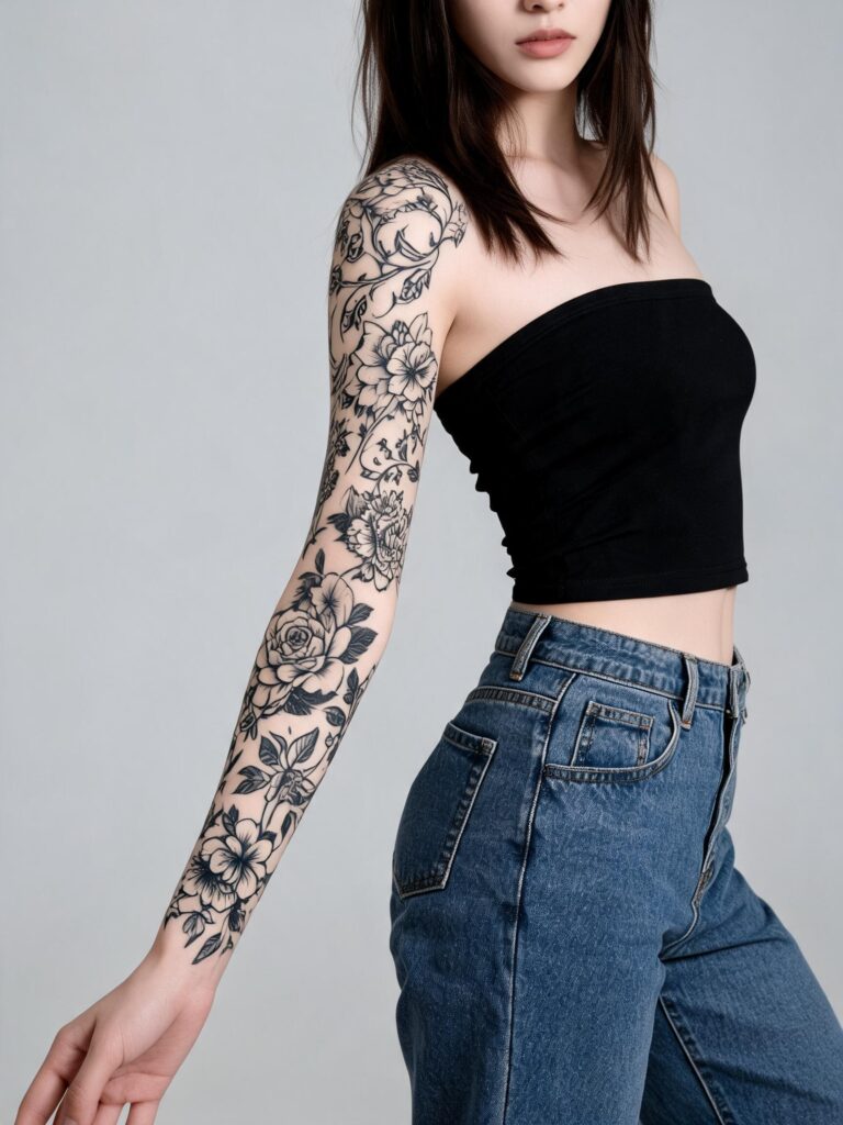 Woman's left arm showcased with a detailed black floral tattoo sleeve, wearing a black strapless top and blue jeans against a gray background.