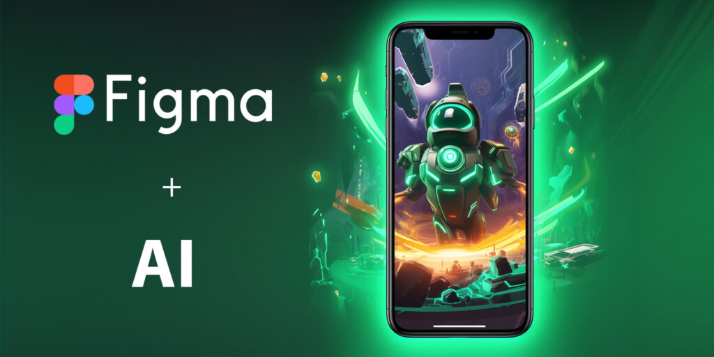 Figma and AI collaborated for innovative design featuring a futuristic robot on a smartphone screen with glowing effects.