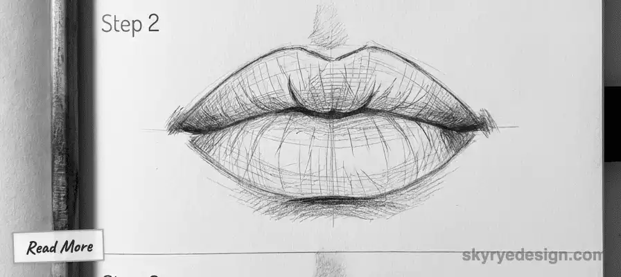 tutorial-step-2 18 Pencil sketch of lips showing step 2 of a drawing tutorial, with shading and details. Simple design with a Read More button | Sky Rye Design Pencil sketch of lips showing step 2 of a drawing tutorial, with shading and details. Simple design with a Read More button