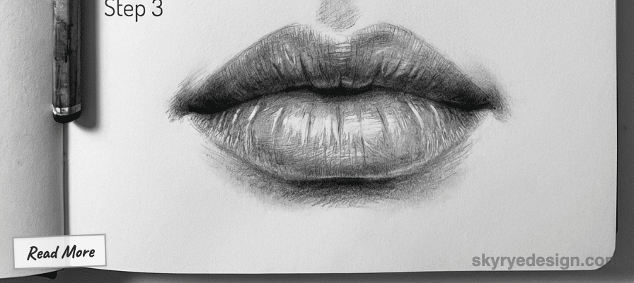 tutorial-step-3 17 Pencil sketch illustrating the third step in drawing realistic lips on a page of a sketchbook, featuring detailed shading | Sky Rye Design Pencil sketch illustrating the third step in drawing realistic lips on a page of a sketchbook, featuring detailed shading