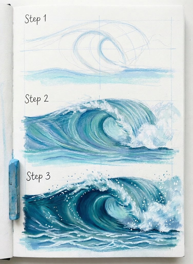 Ocean wave painting tutorial in sketchbook: blue pastel step-by-step from rough sketch to textured, detailed final wave.