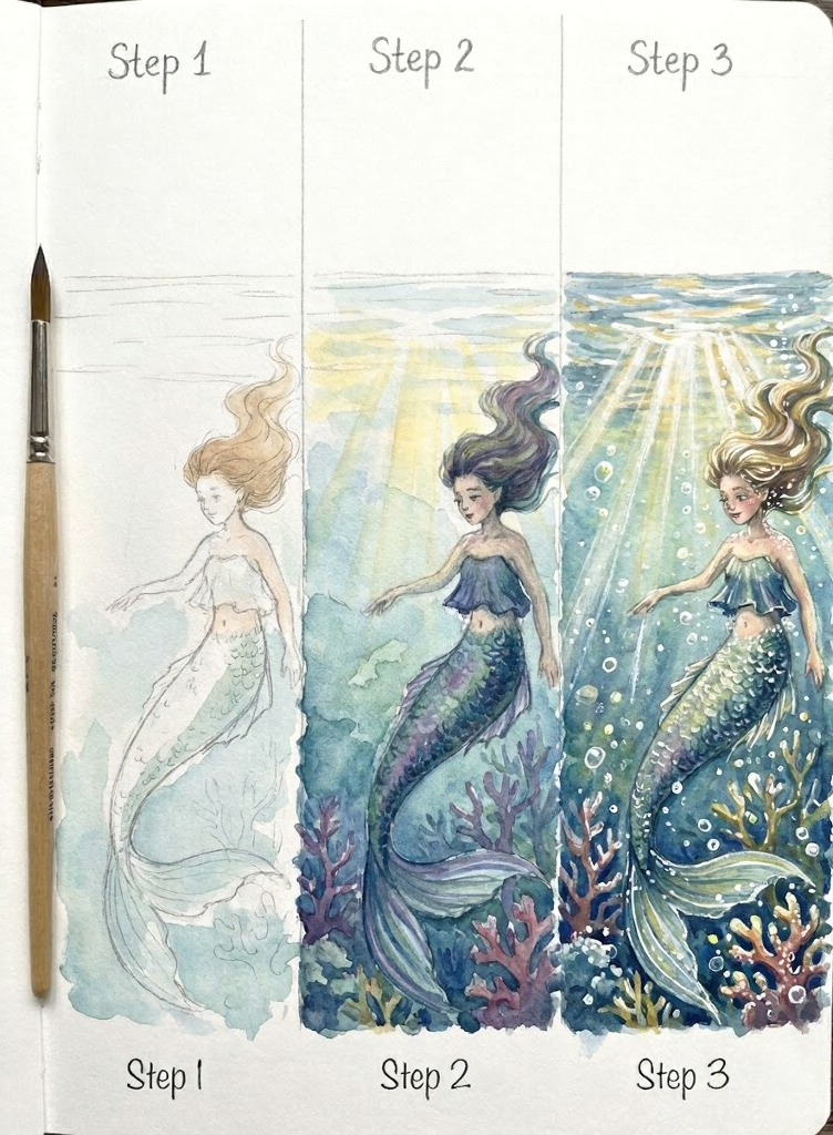 Three-step watercolor mermaid tutorial in a sketchbook: pencil sketch, base colors, finished vibrant underwater painting.