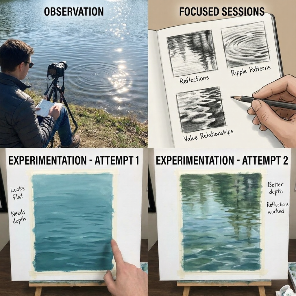Four-panel collage: lake ripple observation, sketchbook studies of reflections, ripple patterns and value relationships, plus two water-paint experiments.
