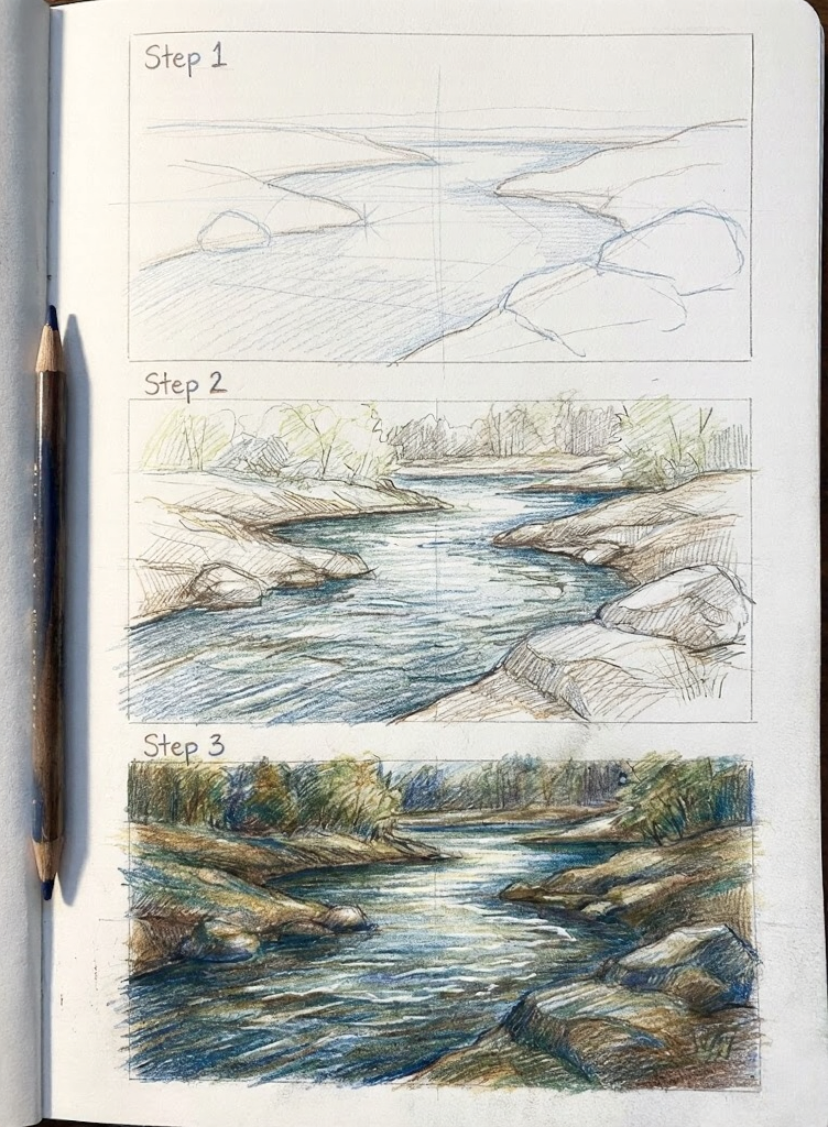 Sketchbook step-by-step colored pencil landscape study of a river with rocks and trees — Stage 1 layout, Stage 2 shading, Stage 3 full color.