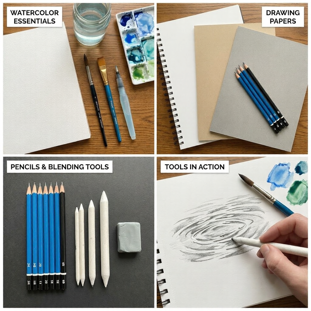 Watercolor and drawing supplies collage: sketchbooks, watercolor brushes, palette, pencils, blending stumps, eraser, hand sketching.