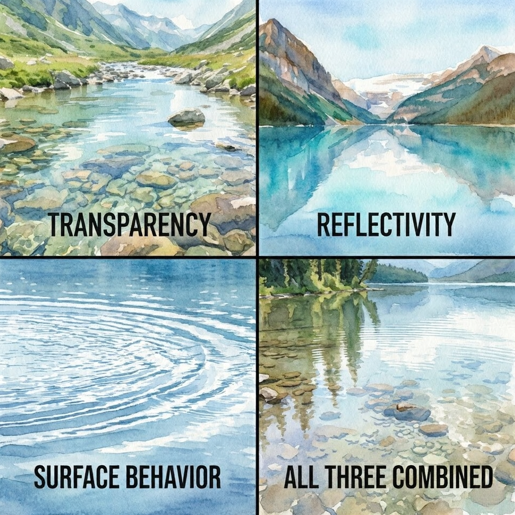 Watercolor four-panel lake illustration highlighting water qualities: transparency, reflectivity, surface behavior, and all three combined.