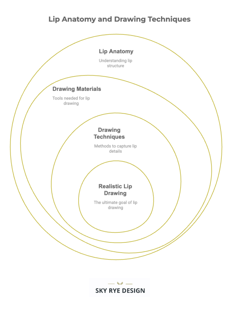 visual-selection-_18_ Diagram illustrating lip drawing techniques: includes lip anatomy, drawing materials, methods, and achieving realistic lip art. | Sky Rye Design Diagram illustrating lip drawing techniques: includes lip anatomy, drawing materials, methods, and achieving realistic lip art.