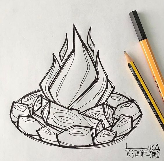 Hand-drawn campfire sketch with pencils nearby on white paper, featuring logs and flames. Black and white line art.