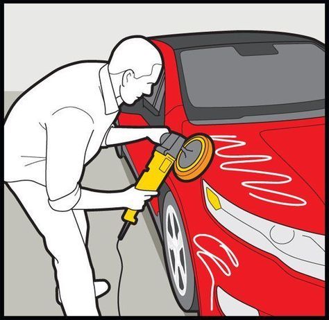 Man buffing a red car with an electric polisher to achieve a glossy finish. Car care and detailing process illustration.