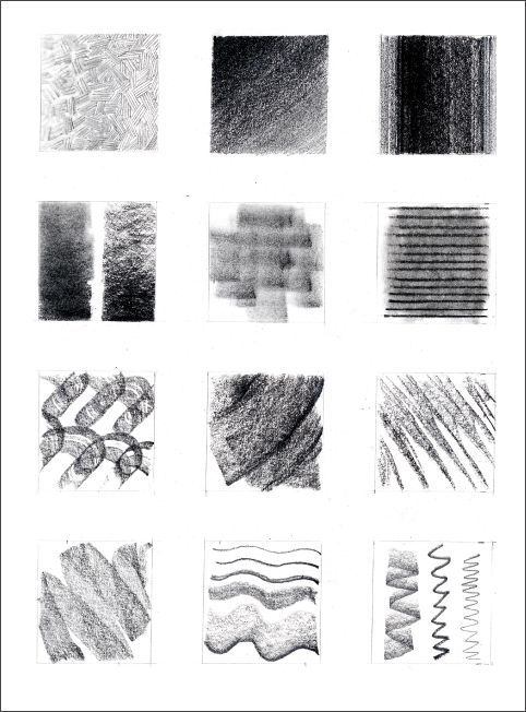 Black and white shading and texture samples, various patterns in a 3x4 grid, showcasing different artistic techniques.