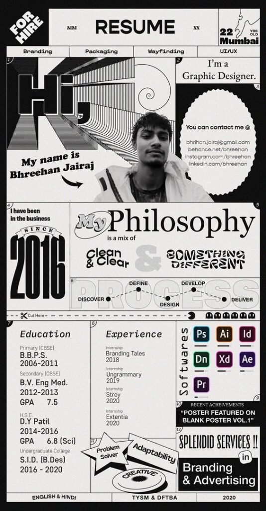 Creative graphic designer resume of Bhreehan Jairaj featuring skills, experiences, education, and design philosophy using dynamic visuals.