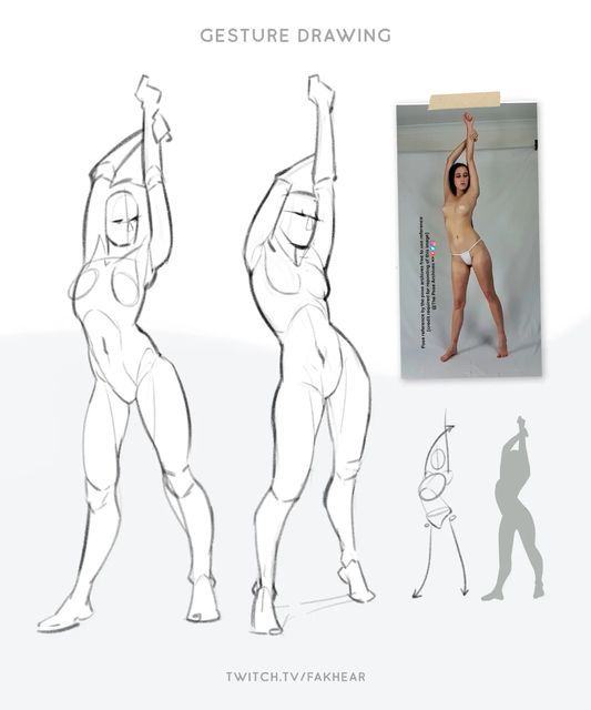 Gesture drawing tutorial showing progression of female figure sketches from reference photo with different poses.