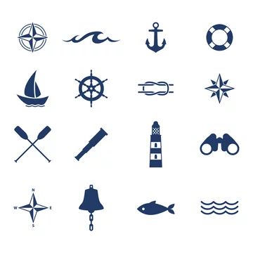 Nautical icons set including compass, anchor, lifebuoy, sailboat, ship wheel, lighthouse, binoculars, and fish.