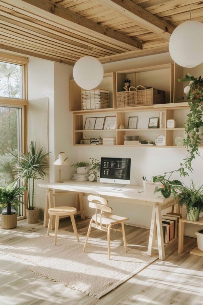 Bright minimalist home office with wooden shelves, lush plants, computer, and Scandinavian-style furniture for a serene workspace.