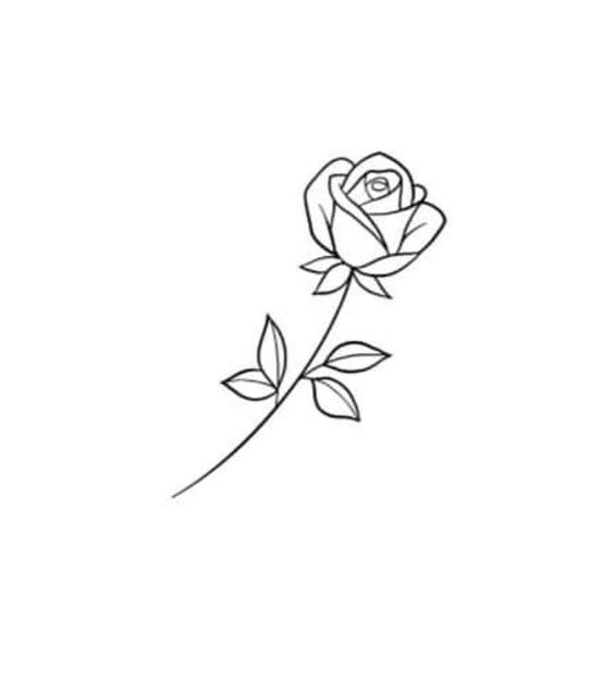 Minimalist black-and-white line drawing of a rose with stem and leaves, perfect for tattoo designs or floral art inspiration.