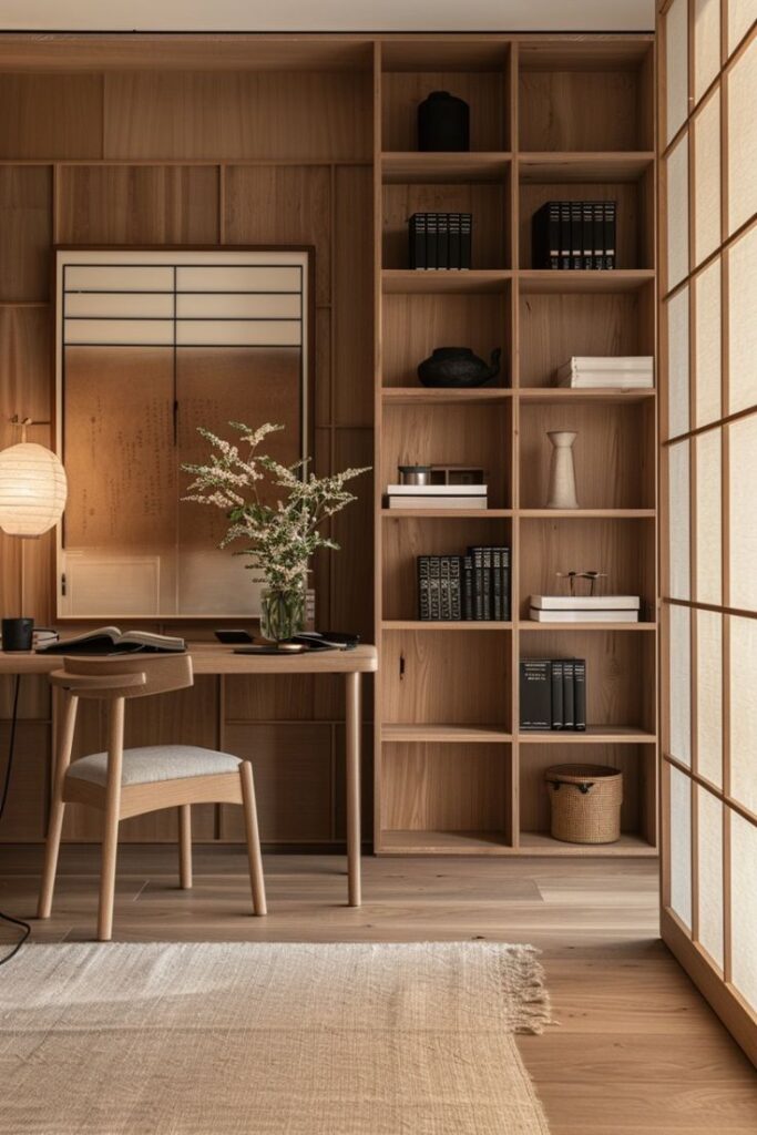 Minimalist home office with wooden furniture, a desk with books, a modern chair, shelves, and Japanese-inspired decor and lighting.