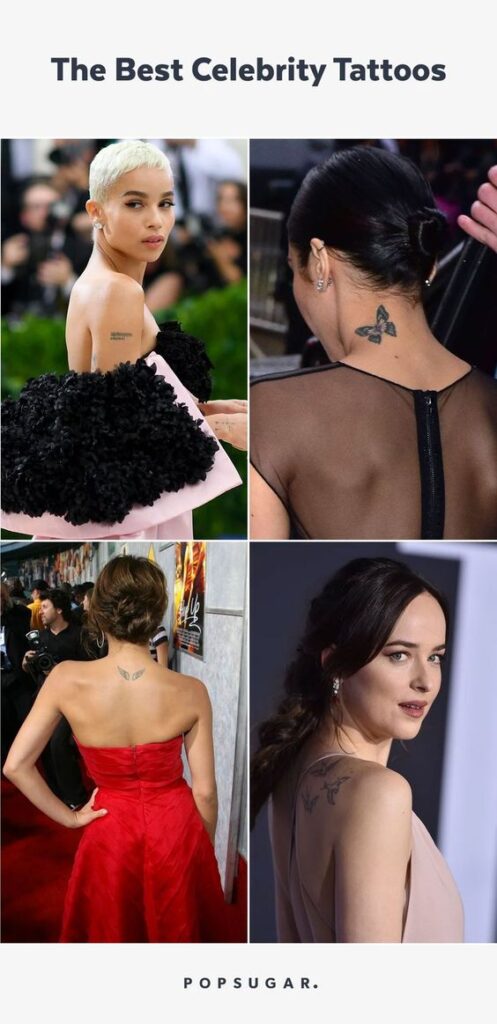Collage of celebrity tattoos showcasing unique designs on necks and backs, titled The Best Celebrity Tattoos by PopSugar.