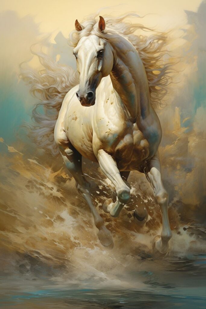 White horse galloping through water with flowing mane, creating a splash against a dramatic, vibrant background.