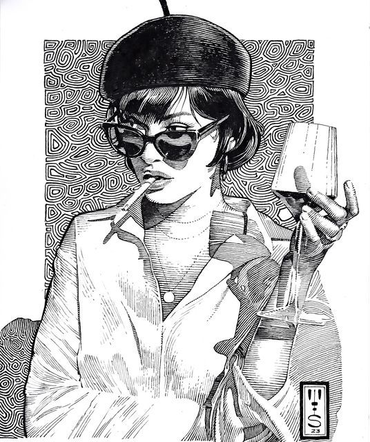 Black and white sketch of a stylish woman wearing a beret and sunglasses, holding a glass and cigarette, with a patterned background.